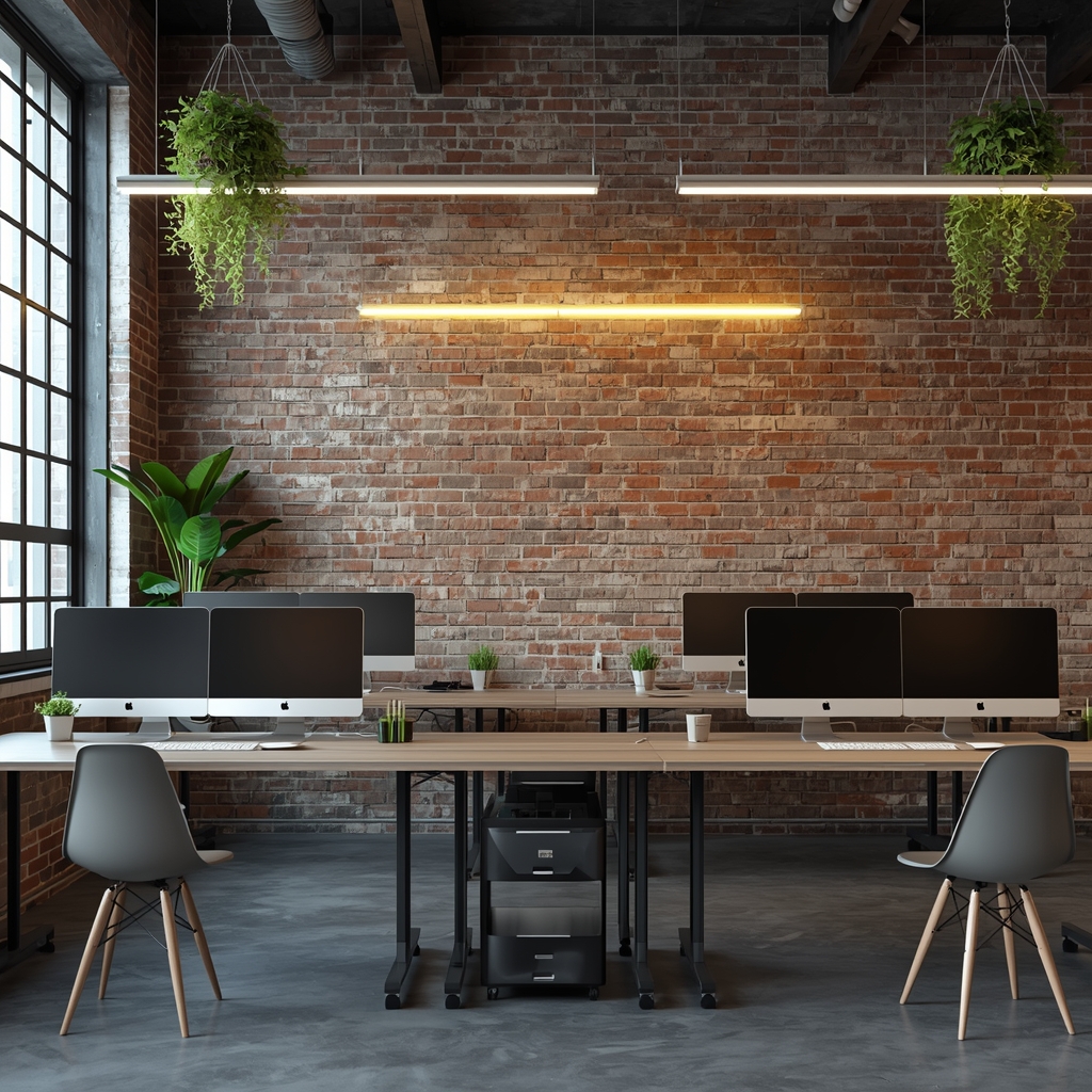 A bright modern coworking space with industrial design, exposed brick walls, large monitors on standing desks, green plants hanging from ceiling, neon accent lighting, minimalist Scandinavian furniture, professional architectural photography, no people