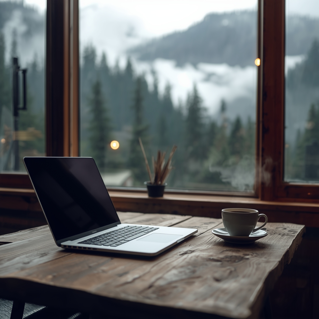 A sleek modern laptop open on a rustic wooden table inside a cozy mountain cafe, steaming coffee beside it, large windows showing misty forested mountains, warm ambient lighting, digital nomad workspace, professional interior photography, cinematic depth of field, no people